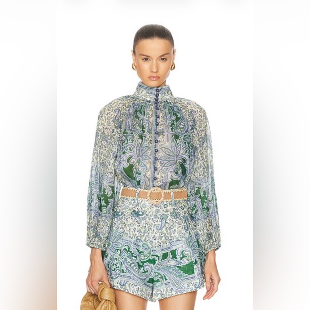 ZIMMERMANN OTTIE LINEN BILLOW BLOUSE GREEN PAISLEY